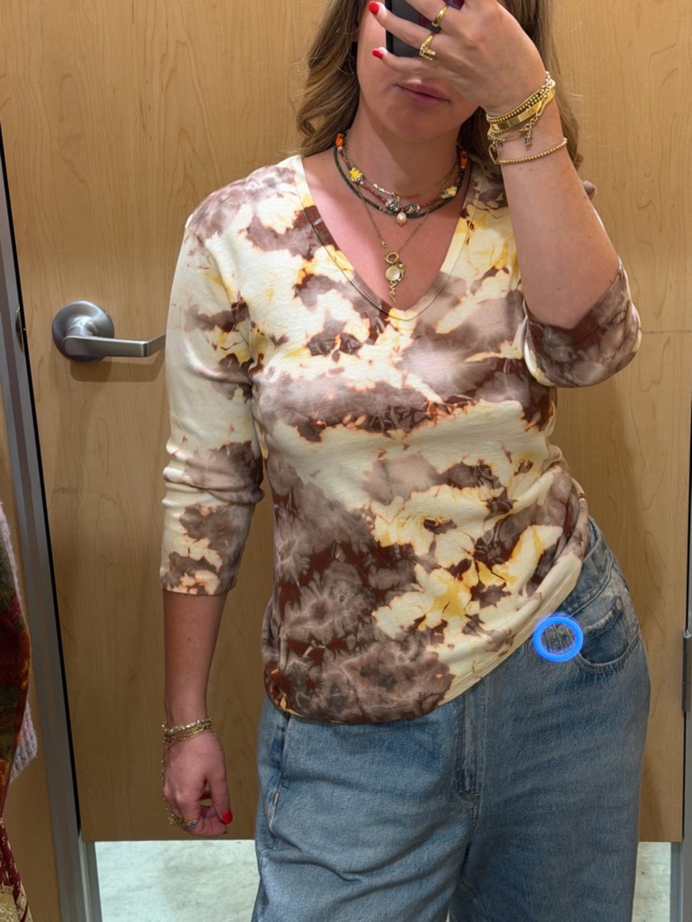 Tie-Dye V-Neck Long Sleeve Top in Brown and Cream